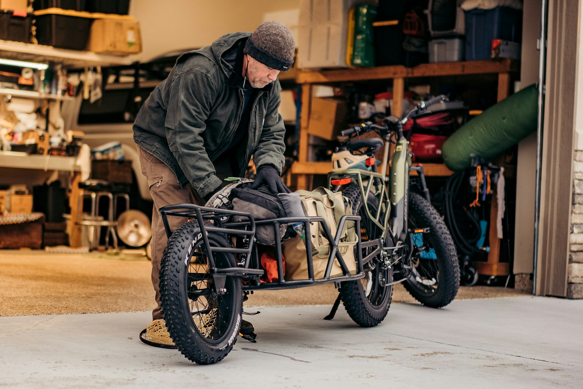 Family cargo e-bike loaded with groceries and gear